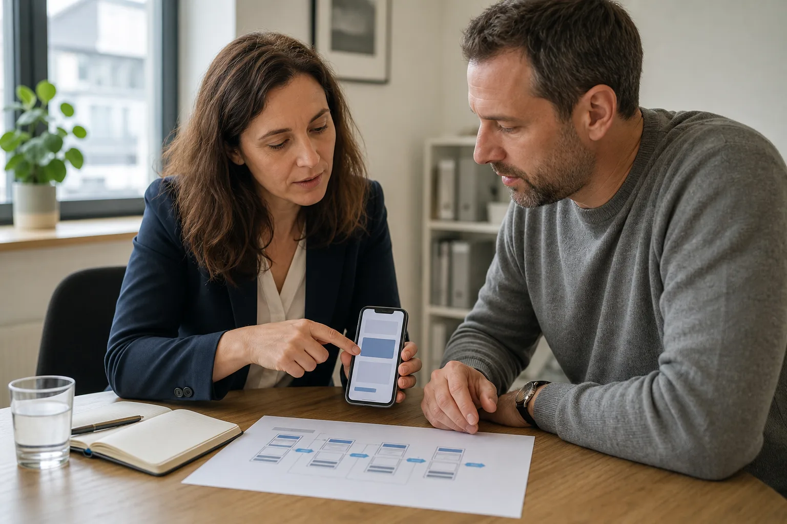 Un propriétaire et un consultant contrôlent un parcours de site vitrine sur mobile