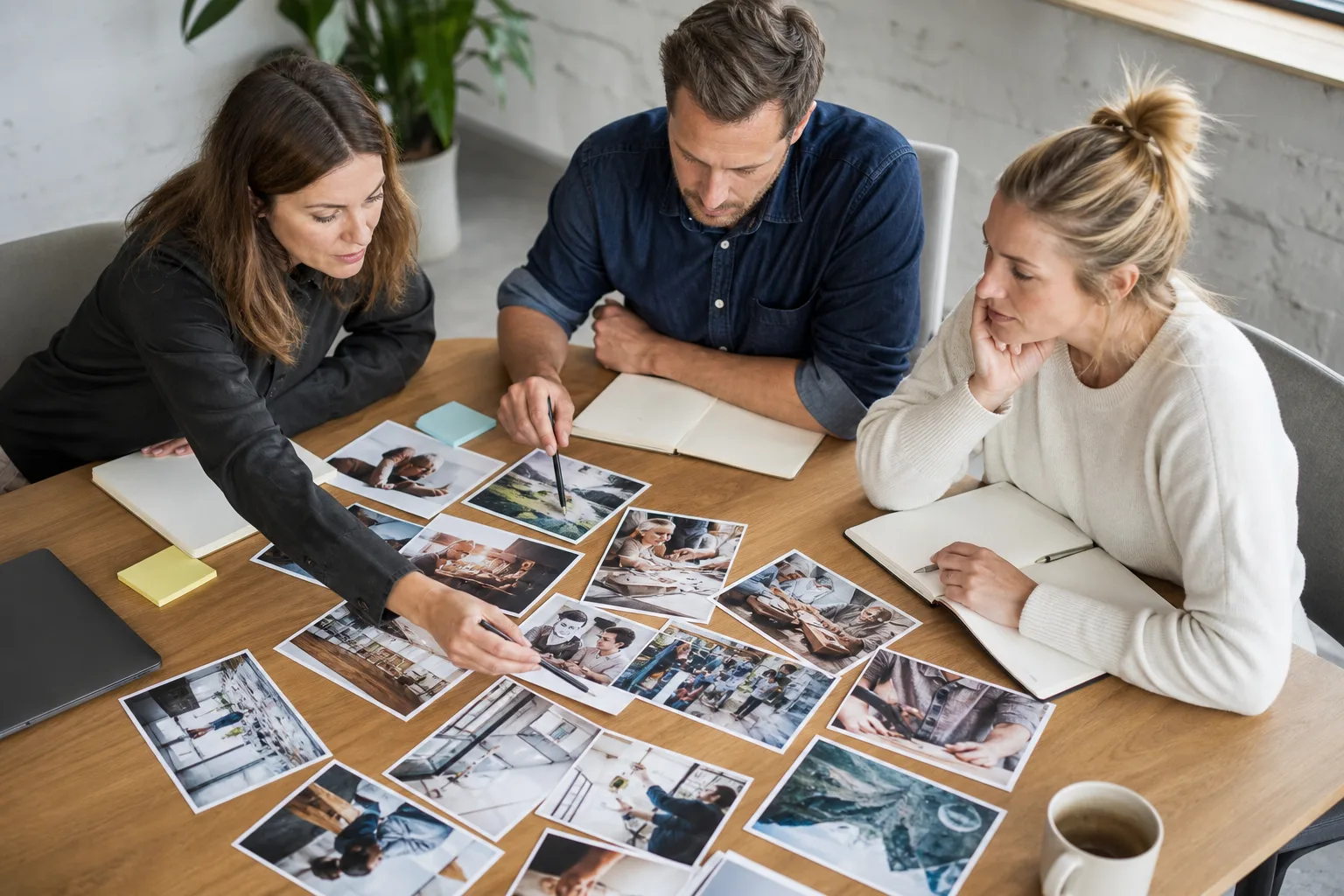 Équipe de PME réunissant photos et informations de service pour préparer les contenus du site